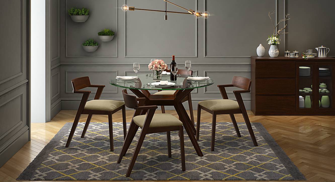 Wesley - Thomson 4 Seater Round Glass Top Dining Table Set - Urban Ladder
